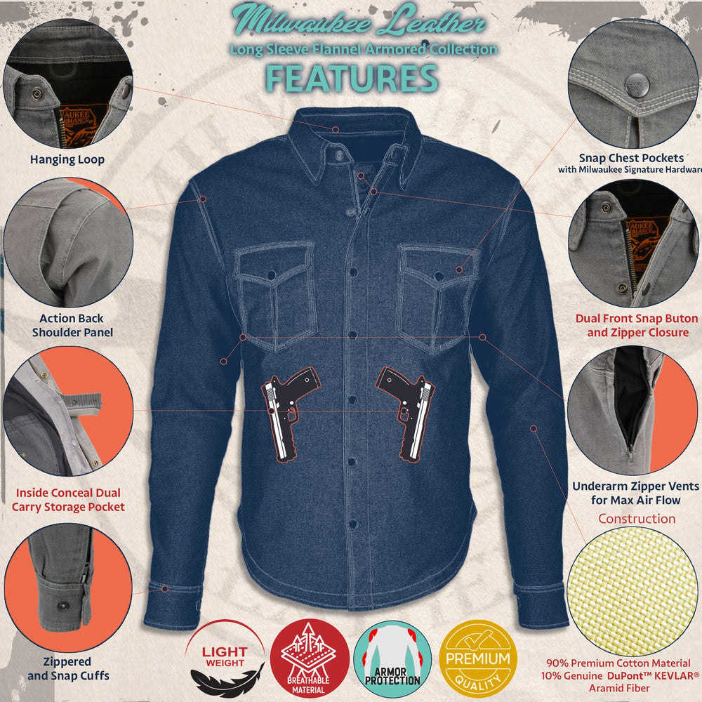 Milwaukee Leather MPM1656 Blue and Orange Flannel Biker Shirt for Men with CE Armor - Reinforced w/ Aramid Fiber -  LEATHER STYLE  MEN 